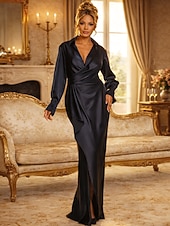 economico Lunghezza del pavimento-Tubino Colonna Abito Lunghezza al pavimento Abito da invitata a nozze Abito Formale Abito da sera Abito da cerimonia per signora Manica Lunga Colletto a Camicia Elegante Semplice Formale Raso Italia