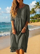 preiswerte Kleider-Damen Midikleid Kleider in Leinenoptik Shiftkleid Sommerkleid Strandkleid Urlaub Basic Ferien Wochenende Lässiger Schnitt Einfach Dreiviertelarm Rundhalsausschnitt Blau Schwarz Grün Aprikose Sommer