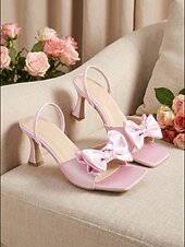 preiswerte Frauen-Elegante, rosafarbene Slingback-Pumps mit Schleife aus Satin und eckiger Spitze, mittelhoher Absatz, ideal für Hochzeitsgäste und den Garten. &amp;Rasenzeremonien
