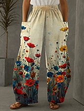 abordables jambe large et taille haute-Femmes Jambe large Chinos Vacances ancien Occasionnel Longueur complète Taille haute Fleuri Graphique Ceinture Élastique Non Elastique Occasionnel Quotidien Décontracté Bleu Rose Claire Rouge Ét