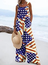  Unabhängigkeitstag Patriotische Damen Latzhosen Aktiv Grafik Ärmellos Weite Beine Quadratischer Ausschnitt Taschen Knöpfe Täglich Strand Lockerer Sitz Rot Lila Orange Sommer