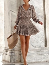 cheap Casual Floral Dresses-Women's Floral Leopard Ruched Ruffle V Neck Mini Dress Daily Vacation Long Sleeve Summer Spring
