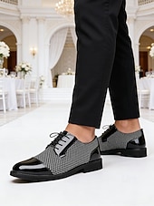 economico Scarpe Derby-scarpe formali da uomo in similpelle a quadri bianchi e neri, calzature da matrimonio e da cerimonia per uomo