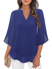 cheap Plain Blouses-Women's Blouse Solid Color Elegant Stylish Casual 3/4 Length Sleeve V Neck Regular Tops Daily Pink Wine Red Royal Blue Green Summer Spring
