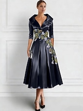 abordables Vestidos de cóctel-Corte A Vestidos Vestido Midi Bordado con cuentas Vestido formal Vestido de madre de la novia Vestidos de coctel Vestidos de fiesta Elegante Vintage Media Manga Cuello Camisero Formal Invitado a la