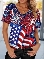  Giorno dell'Indipendenza Americana Per donna Maglietta Stampato Grafico Bandiera Bandiera Americana Vintage Elegante Classico Manica Corta Scollo a V Top Regolari Quotidiano Indaco Bianco Blu marino