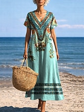 abordables Robes de vacances-Femmes Robe Midi Robe d'Été Robe trapèze Vacances Occasionnel Boho Papillon Plage Coupe régulière Graphique Tribal Manche Courte Col Rond Bleu Bleu Ciel Or noir Noir Été Printemps