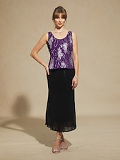  Mulheres Blusa Tops elegantes Tops de noite Paetês Pena Elegante Manga 3/4 Colarinho Mandarim Tops regulares Festa de Noite Traje formal Traje para coquetel Beringela Primavera Outono Inverno