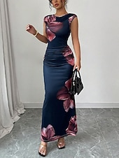 voordelige Bloemenjurk-Dames Maxi-jurk Satijnen Jurk Bodycon Bloemetjesjurk Jurk met print Elegant Modieus Modern Buiten Vakantie Feest Normale pasvorm Bloemig Mouwloos Strakke ronde hals Marineblauw Zomer Lente