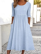 economico Vestito Semplice-Per donna Abito Midi Vestito Casual Abito a trapezio Elegante Casual Quotidiano Vacanza Vestibilità comoda A righe Manica Corta Girocollo Grigio Azzurro Estate Primavera