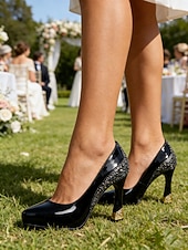 baratos Convidado do casamento-Sapatos de plataforma femininos – salto alto com bico redondo e detalhes brilhantes, ideais para convidadas de casamento, escritório e festas.