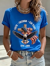  Uavhengighetsdagen Amerikansk Jubileum Patriotisk Dame T-skjorte Trykk Grafisk Flagget Bokstaver Stilig Klassisk Fritidskortermet Rundhals Vanlige Topper Daglig Blå Svart Hvit Rød Sommer Vår