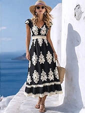 baratos Vestidos Florais-Mulheres Vestido Longo Vestido A Line Casual Ao ar livre Para Noite Normal Floral Manga Curta Decote V Preto Verão Primavera