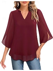 cheap Plain Blouses-Women's Blouse Solid Color Elegant Stylish Casual 3/4 Length Sleeve V Neck Regular Tops Daily Pink Wine Red Royal Blue Green Summer Spring