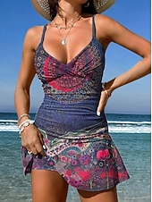 abordables Tankinis-Mujer Bañadores Una pieza Falda Traje de baño Punto Elegante Vacaciones Graphic Geométrico Escote en Pico Sin Mangas Trajes de baño