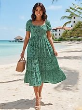 preiswerte Blumenkleider-Damen Midikleid A Linie Kleid Urlaub Lässig Outdoor Ausgehen Standard Passform Blumen Kurzarm Quadrathals Grün Sommer Frühling