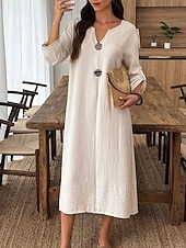 abordables Vestido Sencillo-Mujer Vestido Midi Vestido de cambio Vestido informal Vestido de Algodón Moda Moderno Diario Fin de semana Holgado Plano Manga Larga Escote en Pico Azul Piscina Blanco Rosa Verde Trébol Verano