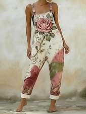 abordables mono-Mujer En general Activo Floral Sin Mangas Sin Mangas Escote Cuadrado Bolsillo Estampado Diario Vacaciones Holgado Caqui Verano