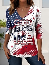  День независимости США Жен. Футболка С принтом Графика Американский флаг Винтаж Стиль На каждый день Длинный рукав V-образный вырез Обычные топы Повседневные выходные Синий Белый Темно синий