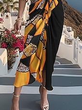 baratos Arte &amp; Design Vestidos-Mulheres Vestido midi Vestido da bainha Casual Ao ar livre Para Noite Normal Floral Gráfico Manga 3/4 Aberto para a Lateral Laranja Verão Primavera Outono