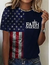 رخيصةأون عيد الاستقلال الأعلى-تي شيرت نسائي وطني لعيد الاستقلال برسمة علم عتيقة أنيقة كلاسيكية بأكمام قصيرة بحافة عادية يومية عطلة مطبوعة زرقاء ربيع صيف