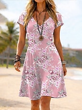 baratos Vestidos Boho-Mulheres Vestido no Joelho Vestidos Para o Verão Vestido T shirt Vestido A Line Férias Casual Boho Praia Normal Floral Gráfico Manga Curta Decote V Azul Amarelo Rosa Verde Verão Primavera