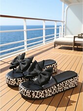 billiga Kvinnor-leopardmönstrade platåsandaler för kvinnor - eleganta vita rosettformade sandaler för lyxiga kryssningssemestrar, tropiska öar &amp;nautiska sommarresor
