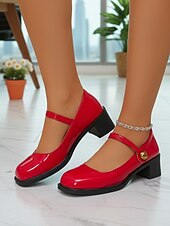 Недорогие Туфли Мэри Джейн-Женские красные туфли-мэри-джейн на устойчивом каблуке — удобные лакированные туфли на среднем каблуке из искусственной кожи с регулируемым ремешком для работы в офисе, делового повседневного стиля и ежедневных поездок на работу.
