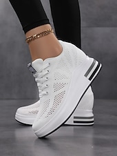 Недорогие Женские кроссовки-Белые женские дышащие кроссовки на платформе Flyknit — легкие, амортизирующие кроссовки для ходьбы, современная повседневная мода для бега, путешествий, работы, спортзала, шопинга. &amp;повседневная