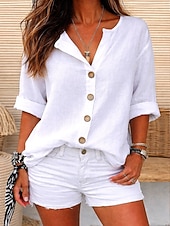 abordables Camisas de Lujo-Blusa de mujer 100% algodón con botones, color liso, para uso diario informal, manga 3/4, cuello en V, tops regulares, para uso diario, negro, blanco, rojo, naranja, verde, verano, primavera, otoño