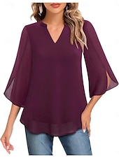 cheap Plain Blouses-Women's Blouse Solid Color Elegant Stylish Casual 3/4 Length Sleeve V Neck Regular Tops Daily Pink Wine Red Royal Blue Green Summer Spring