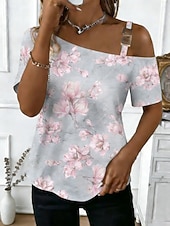 baratos Blusas Florais-Mulheres Camiseta T-shirt Imprimir Floral Gráfico à moda Clássico Casual Manga Curta Pescoço Assimétrico Tops regulares Diário Para Noite Final de semana Verde Claro Rosa Laranja Verde Cinzento Verão