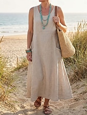 preiswerte Luxuskleider-Damen Midikleid Baumwoll-Leinen-Kleider Shiftkleid Sommerkleid Trägerkleid Elegant Mode Modern Täglich Outdoor Urlaub Lässiger Schnitt Einfach Ärmellos U-Ausschnitt Weiß Rosa Orange Khaki Sommer