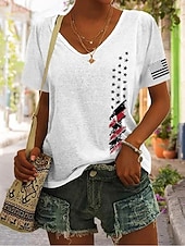 Χαμηλού Κόστους Ημέρα Ανεξαρτησίας Κορυφή-Ημέρα Αμερικανικής Ανεξαρτησίας Γυναικεία Μπλουζάκι Στάμπα Γραφική Σημαία Βίντατζ Στυλάτο Κλασσικό Κοντομάνικο Λαιμόκοψη V Κανονικά μπλουζάκια Καθημερινά Σαντρέ Μαύρο Λευκό Καλοκαίρι Άνοιξη