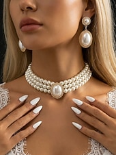 Недорогие Свадьба ACC-Женский комплект из ожерелья и сережек из искусственного жемчуга, винтажное элегантное многослойное колье-чокер с овальным кулоном, классические свадебные украшения для свадьбы, вечерних вечеринок и торжественных мероприятий.