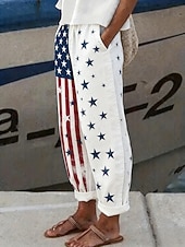  Unabhängigkeitstag Patriotische Damen Hosen Hose Urlaub Vintage Ethnischer Stil Voll Länge Hohe Taille Hosen Floral Amerikanische Flagge Kordelzug Seitentaschen Druck Atmungsaktiv Komfortabel
