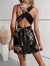 cheap Floral Dress-Women's Mini Dress A Line Dress Halter Dress Vacation Casual Outdoor Going out Regular Fit Floral Sleeveless V Neck Black Wine Navy Blue Dark Green Summer Spring