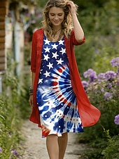  Amerikanischer Unabhängigkeitstag Damenkleid, elegantes A-Linien-Kleid mit grafischem Flaggenprint, Lagenmuster, Midikleid mit halben Ärmeln und Rundhalsausschnitt, ideal für den Alltag, in Blau, Rot