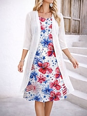 preiswerte Unabhängigkeitstag Kleid-Unabhängigkeitstag Patriotisches Damen Kleid Set A-Linien Kleid Elegant Urlaub Grafische Flagge Lagen Druck Midi Kleid Halblangarm Rundhals Alltag Blau Weiß Rot Sommer Frühling Reguläre Passform