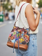 olcso Kézitáskák és bevásárlótáskák-női bohém bőr vödörtáska, többszínű virágmintával, sokoldalú viselet, állítható vállpántok, tökéletes a mindennapi használatra