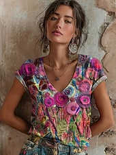  Per donna Maglietta Stampato Floreale Grafico Graffiti Bohemien Vintage Casual Manica Corta Scollo a V Top Regolari Quotidiano Blu Azzurro cielo Viola Verde Estate Primavera
