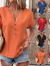 abordables Camiseta lisa-Mujer Camiseta Camiseta superior Botones del pecho Plano Moda Elegante Clásico Manga Corta Escote en Pico Tops regulares Diario Noche Fin de semana Negro Blanco Rojo Azul Marino Naranja Verano