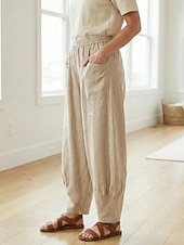 preiswerte Premium-Leinen-Kollektion-Damen-Leinenhose aus 70 % Leinen, weites Bein, Chino-Stil, Sommerhose, Urlaubshose, Streetwear, Basic, lange Länge, mittlere Bundhöhe, schlicht, Tasche, elastischer Bund, bequem, komfortabel, nicht elastisch, für Alltag, Outdoor, Straße, Bordeauxrot, Azur