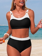 preiswerte Bikini-Sets-Damen Badeanzug Bikini Zweiteilig Slips Bademode Bauchkontrolle Hohe Taille Schlank Rückenfrei Urlaub Strandbekleidung Farbblock U-Ausschnitt Ärmellos Badeanzüge