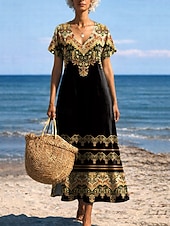 abordables Robes de vacances-Femmes Robe Midi Robe d'Été Robe trapèze Vacances Occasionnel Boho Papillon Plage Coupe régulière Graphique Tribal Manche Courte Col Rond Bleu Bleu Ciel Or noir Noir Été Printemps