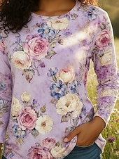 お買い得  花柄のブラウス-女性用 ボヘミアンシャツ Tシャツ プリント フラワー グラフィック ボヘミア ヴィンテージ クラシック 長袖 クルーネック レギュラートップス 日常 週末 バケーションウェア パープル 夏 春 秋