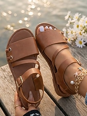 preiswerte Flache Sandalen-Leichte Damen-Sommersandalen – klassische braune flache Sandalen mit Knöchelriemen für Damen, perfekt für Strandbesuche und Alltagsoutfits.