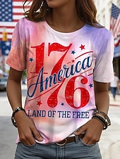  Amerykański Dzień Niepodległości Damskie Podkoszulek Nadruk Graficzny Flaga Elegancki Klasyczny Codzienny Krótki rękaw Półgolf Okrągły dekolt Zwykłe topy Codzienny Niebieski Czerwony Fioletowy