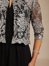 cheap Dressy Blouses-Women's Bolero Jacket Lace up Sequins Embroidered Floral Elegant 3/4 Length Sleeve Crew Neck Regular Tops Wedding Guest Cocktail Attire Black Summer Spring Fall