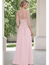 baratos Comprimento do chão-A-Line Floor Length Mother of the Bride Dress 3/4 Length Sleeve Boat Neck Elegant Vintage Embellished Formal Chiffon Lace with Beading Cascading Ruffles